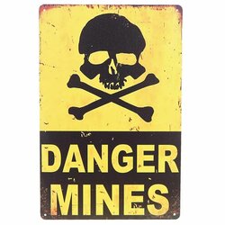 Plechová cedulka DANGER MINES žlutá Plechová cedulka DANGER MINES žlutá
